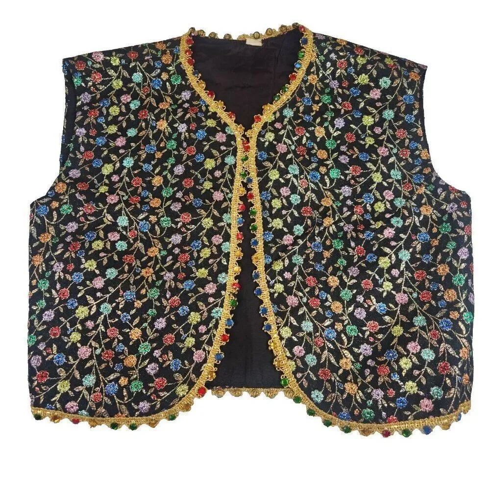 Vintage 60s Metallic Vest Kuchi Banjara Waistcoat Womens M Black Bejeweled